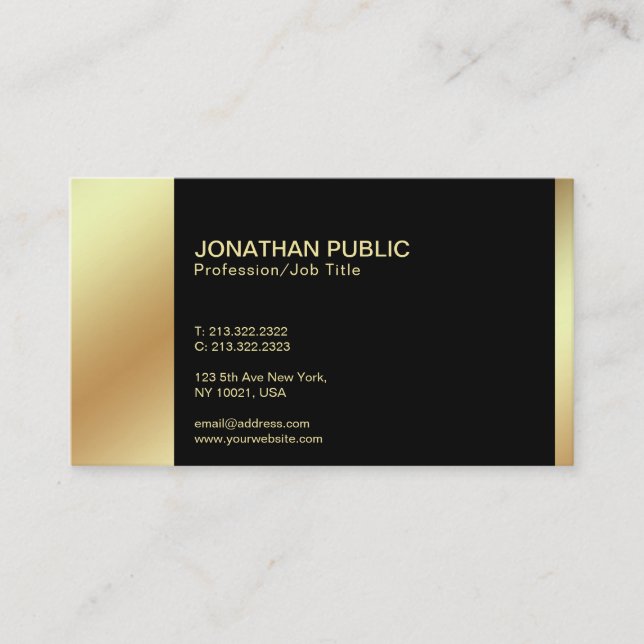 Tarjeta De Visita Llano profesional del oro negro elegante moderno (Anverso)