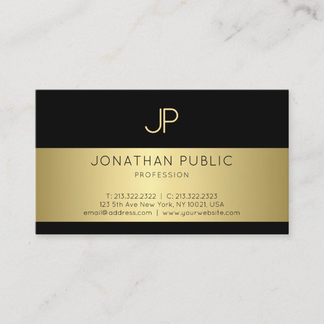 Tarjeta De Visita Llanura De Glamour Elegante Monogramada En Negro Y (Anverso)