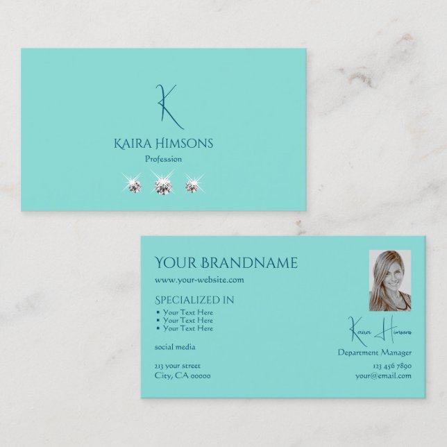 Tarjeta De Visita Llanura de moda Verde azulada con foto de monogram (Anverso / Reverso)