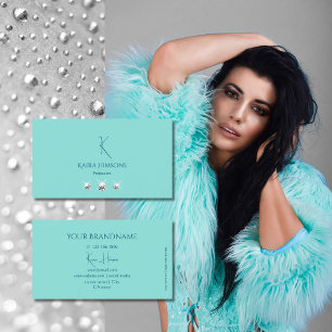 Tarjeta De Visita Llanura de moda Verde azulada con monograma y joya