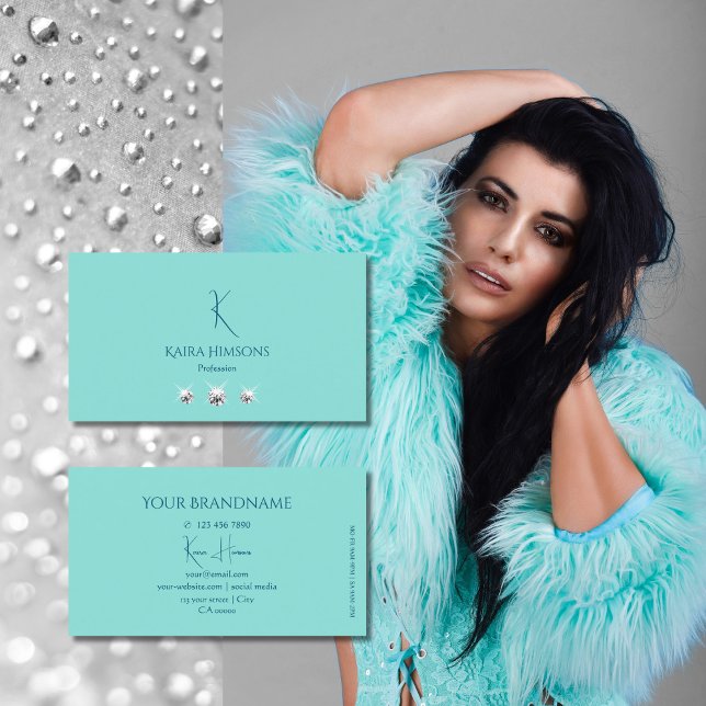 Tarjeta De Visita Llanura de moda Verde azulada con monograma y joya (Subido por el creador)