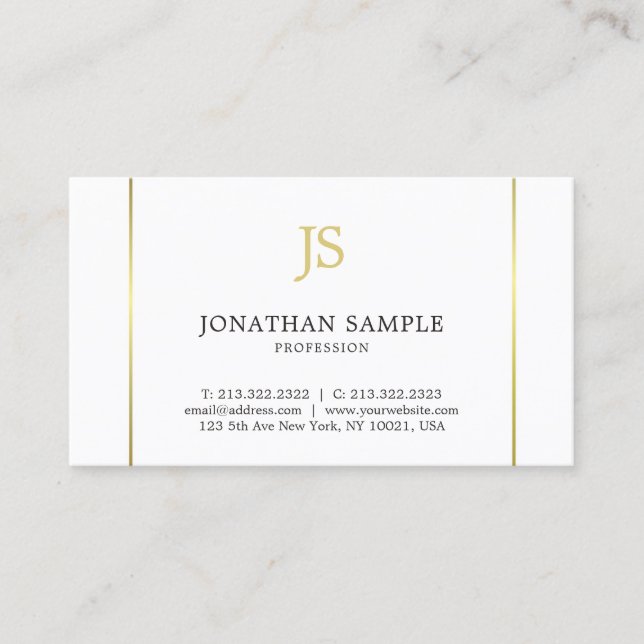Tarjeta De Visita Llanura monogramada moderna a rayas de oro (Anverso)