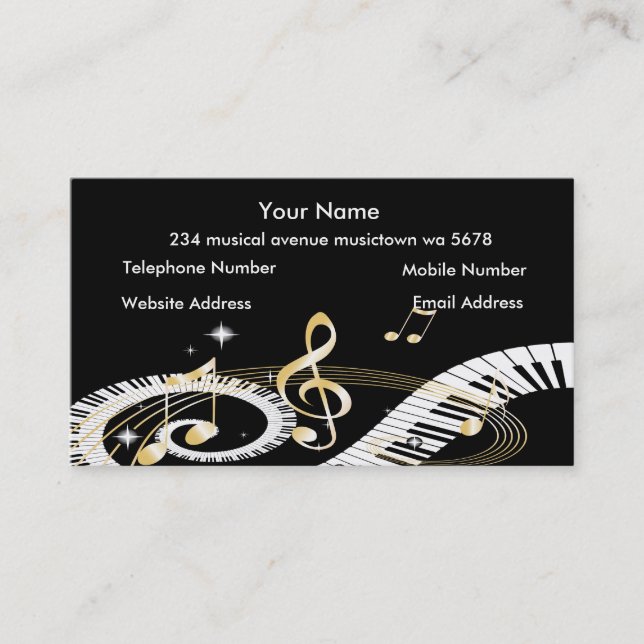 Tarjeta De Visita Llaves del piano y notas de oro de la música (Anverso)