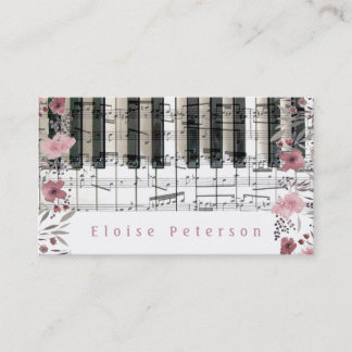 Tarjeta De Visita llaves pianistas y flores acuáticas rosas