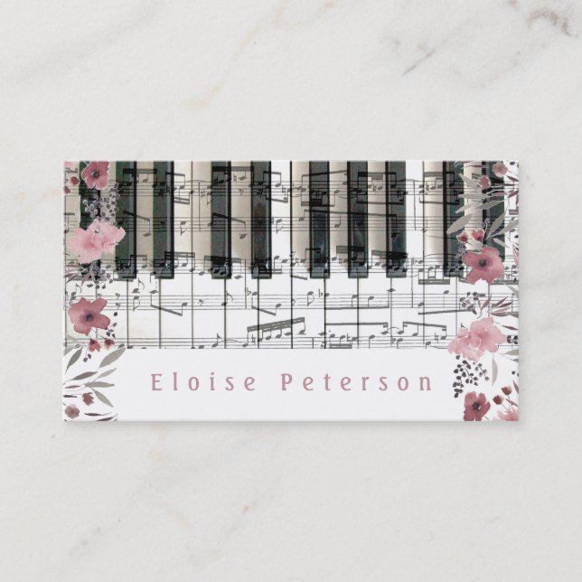Tarjeta De Visita llaves pianistas y flores acuáticas rosas (Anverso)