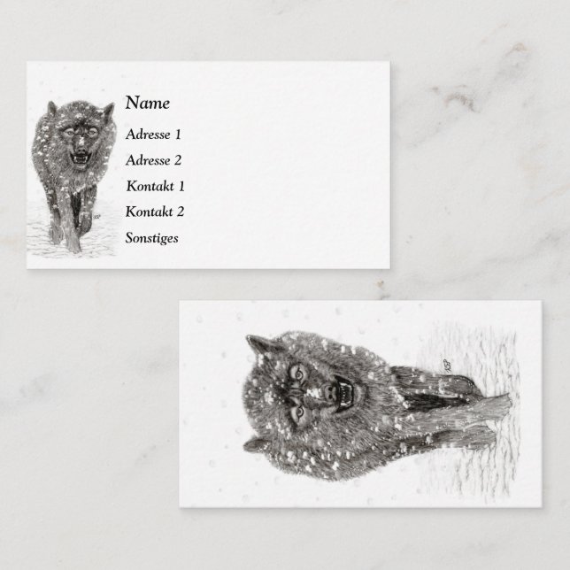 Tarjeta De Visita Lobo negro enojado en la nieve, invierno salvaje (Anverso / Reverso)