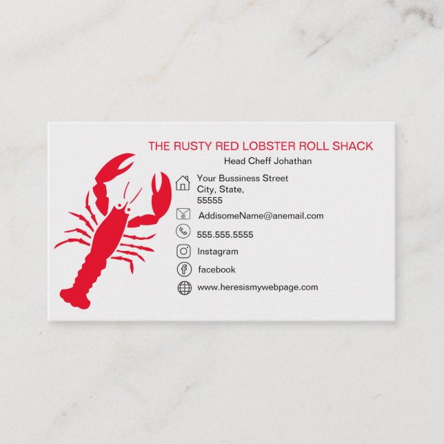 Tarjeta De Visita Lobster Rojo Mariscos Blanco Negro Simple Náutico (Anverso)