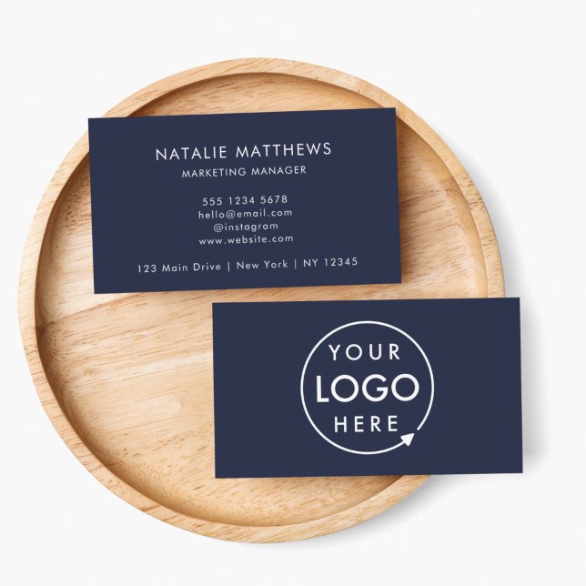 Tarjeta De Visita Logo azul de la marina | Empresa profesional Minim (Create a professional look with this horizontal navy blue business card design with your logo.)