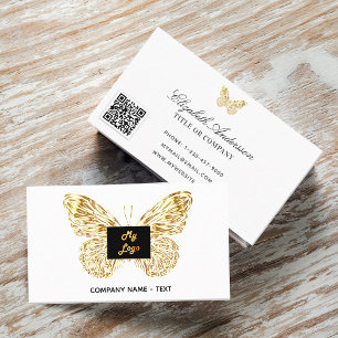 Tarjeta De Visita Logo blanco y dorado mariposa código QR elegante