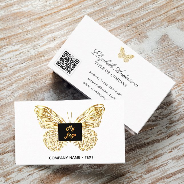Tarjeta De Visita Logo blanco y dorado mariposa código QR elegante (Subido por el creador)