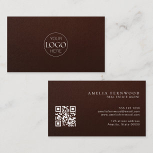 Tarjeta De Visita Logo   Código QR de bienes raíces de cuero de lujo