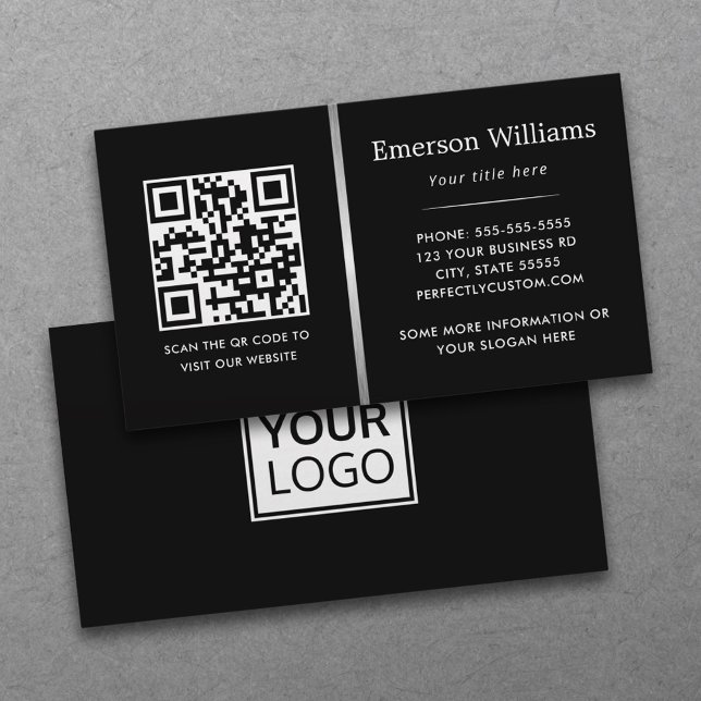 Tarjeta De Visita Logo código QR divisor de gradiente gris plateado  (Black, professional business cards with QR code and custom logo)