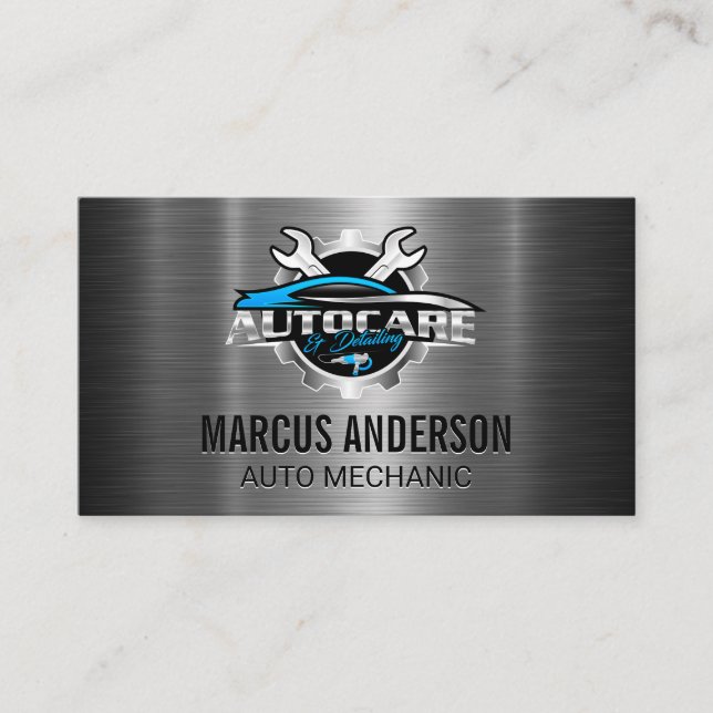 Tarjeta De Visita Logo de Auto Car Wrench | Plateado metalizado (Anverso)