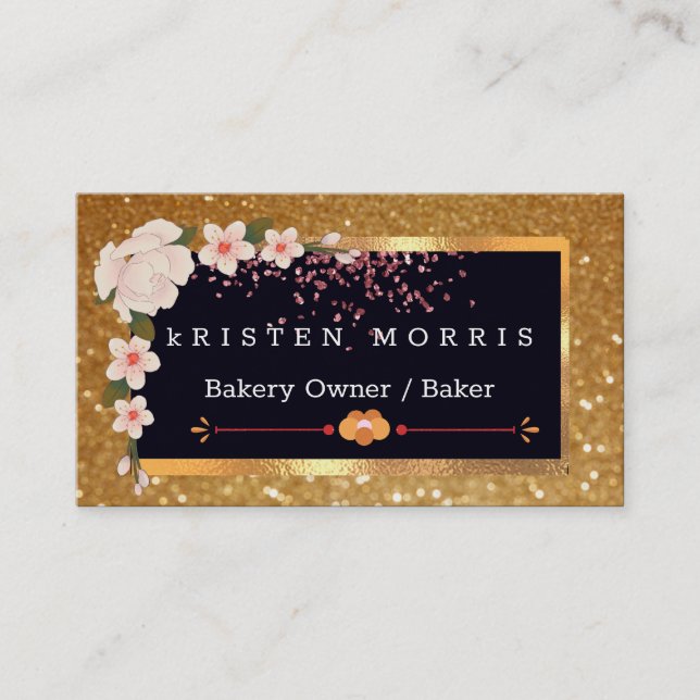 Tarjeta De Visita Logo de Bakery Chef Whisk | Purpurina Floral Gold  (Anverso)