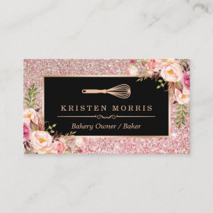 Tarjeta De Visita Logo de Bakery Chef Whisk   Rosa floral Purpurina 