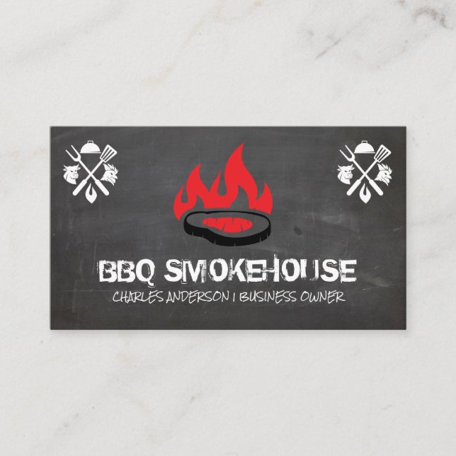 Tarjeta De Visita Logo de Barbecue Steak on Grill | Restaurante (Anverso)