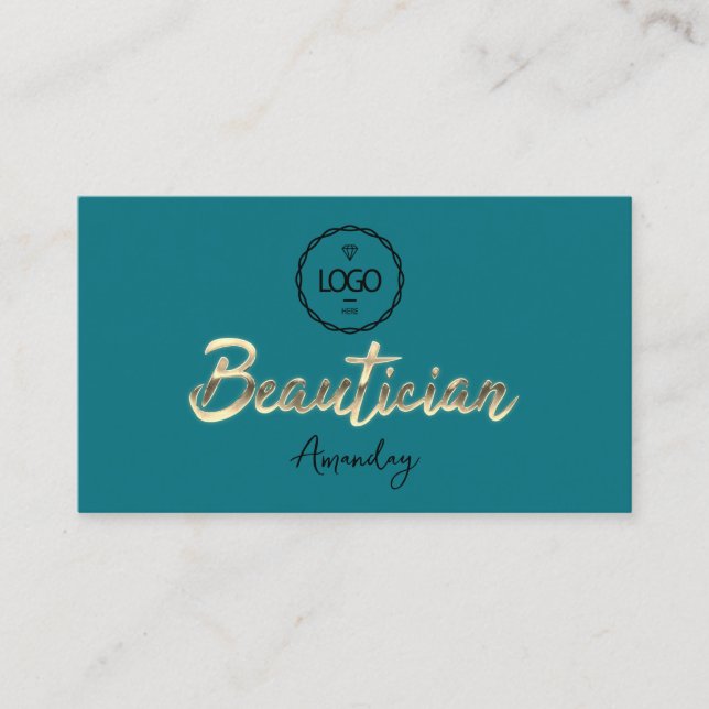 Tarjeta De Visita Logo de Beautician Script Gold QRCode Verde azulad (Anverso)