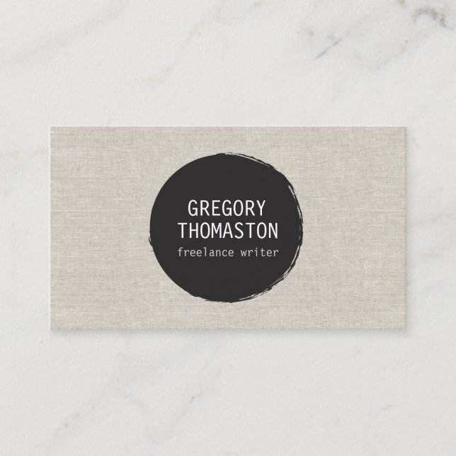 Tarjeta De Visita Logo de Black Ink Blot Circle en Tan Faux Linen (Anverso)
