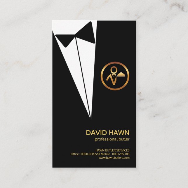 Tarjeta De Visita Logo de Black Tuxedo Gold Boutonniere Butler (Anverso)