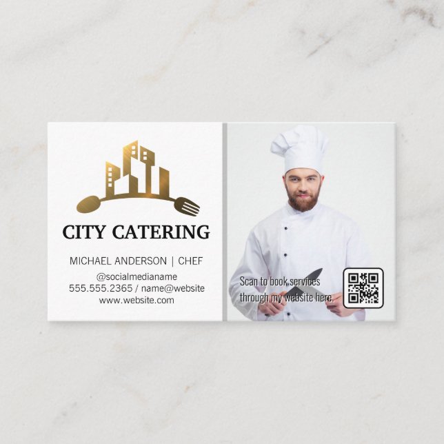 Tarjeta De Visita Logo de City Utensils Gold | Chef | Código QR (Anverso)