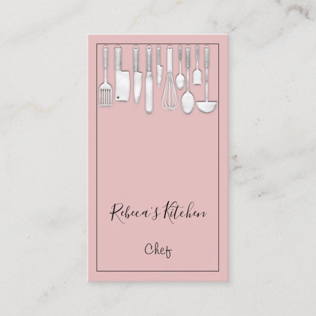 Tarjeta De Visita Logo de Cocina Chef Restaurant Knifes Rosa (Anverso)