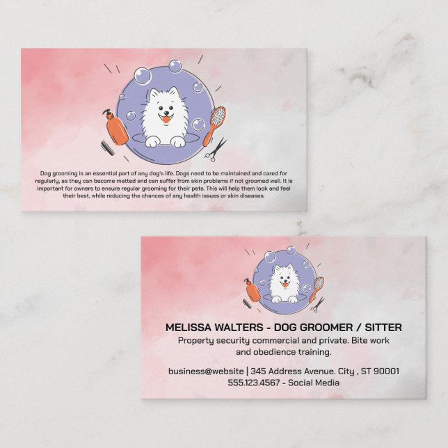 Tarjeta De Visita Logo de Dog Groomer | Fondo acuarela (Anverso / Reverso)