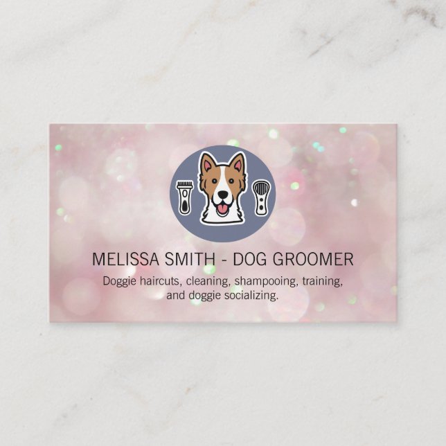 Tarjeta De Visita Logo de Dog Groomer | Fondo de las brochas de boke (Anverso)