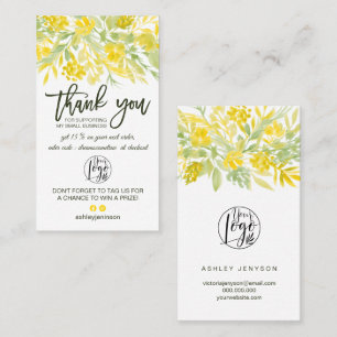 Tarjeta De Visita Logo de escritura floral amarilla orden gracias