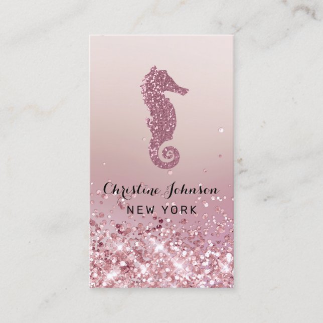 Tarjeta De Visita logo de faux rosa gold purpurina seahorse (Anverso)