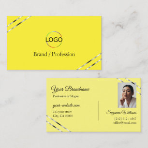 Tarjeta De Visita Logo de foto con líneas plateadas en amarillo y cr