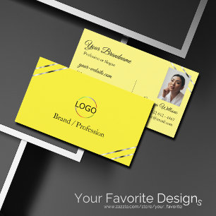 Tarjeta De Visita Logo de foto con líneas plateadas en amarillo y cr