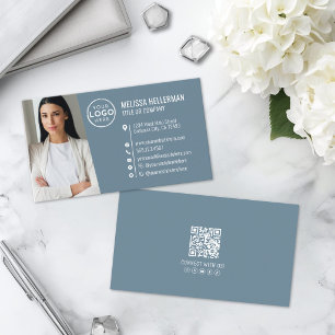 Tarjeta De Visita Logo de Foto de Código QR Profesional Azul Moderno