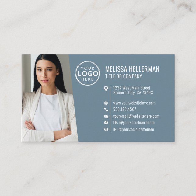 Tarjeta De Visita Logo de Foto de Código QR Profesional Azul Moderno (Anverso)