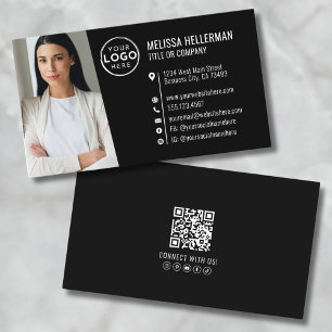 Tarjeta De Visita Logo de foto de código QR profesional negro modern