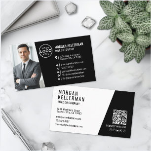 Tarjeta De Visita Logo de foto QR moderno para profesionales negros
