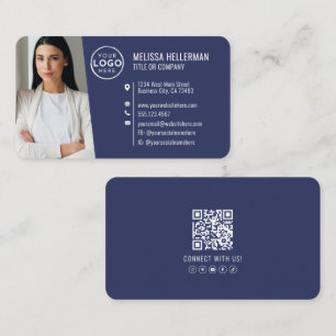 Tarjeta De Visita Logo de foto QR profesional azul marino moderno
