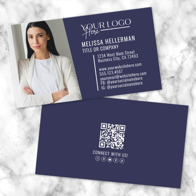 Tarjeta De Visita Logo de fotos del código QR profesional moderno Na (Navy Blue Modern Professional QR Code Photo Logo Business Card )