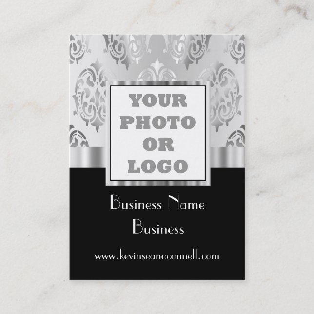 Tarjeta De Visita Logo de fotos en damasco negro y gris (Anverso)