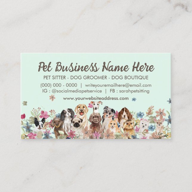 Tarjeta De Visita Logo de Green Dog Walker Floral (Anverso)