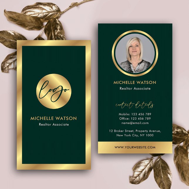 Tarjeta De Visita Logo de Green & Gold Foto de abogado moderno (Modern dark green and gold effect vertical business cards with photo and your logo)