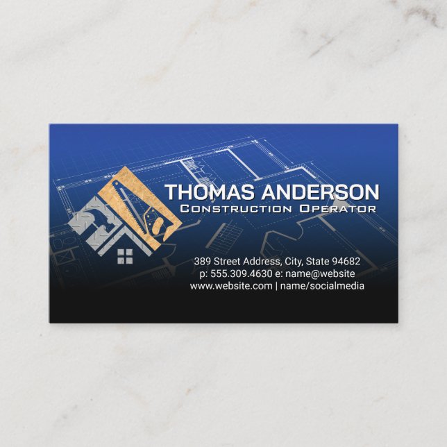Tarjeta De Visita Logo de Hammer Saw | Construcción | Blueprints (Anverso)
