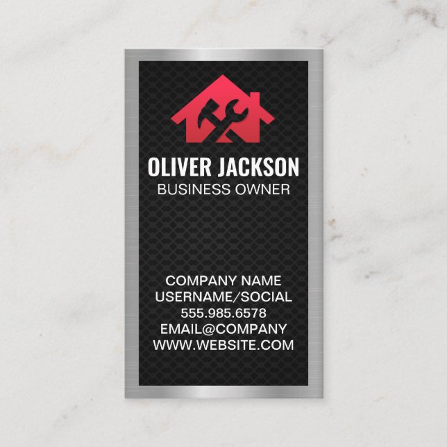 Tarjeta De Visita Logo de Home and Tools | Borde plateado (Anverso)