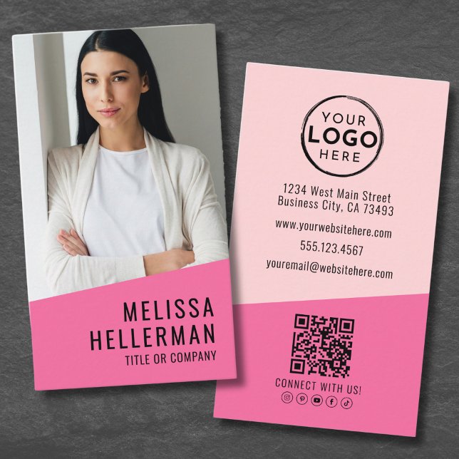 Tarjeta De Visita Logo de la Compañía de códigos QR de fotos rosas (Pink Photo QR Code Company Logo Vertical Business Card)