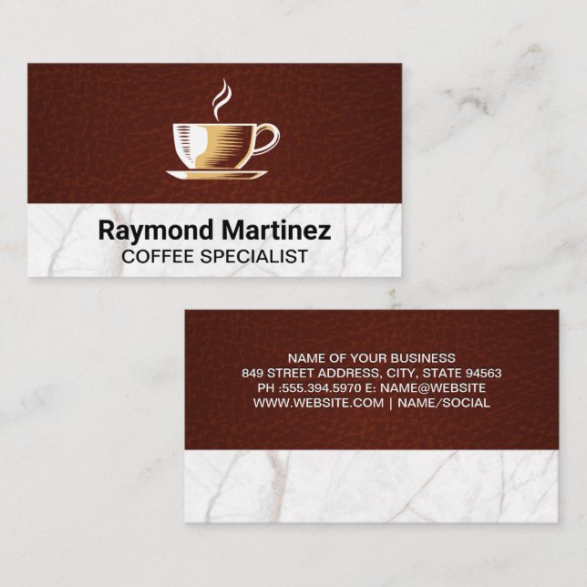 Tarjeta De Visita Logo de la Copa del Café | Mármol y cuero (Anverso / Reverso)