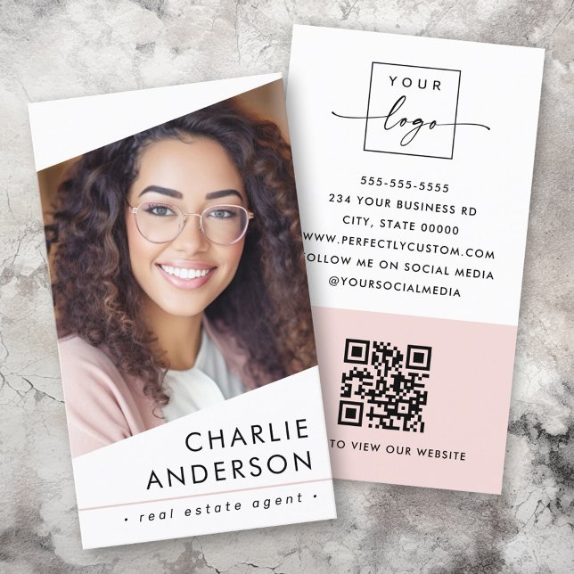 Tarjeta De Visita Logo de la foto código QR profesional blanco moder (Photo logo QR code modern white professional Business Card)