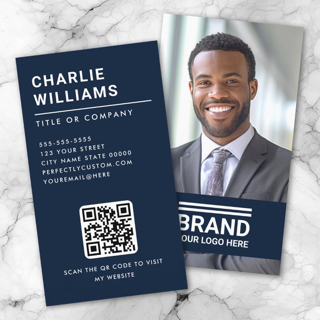 Tarjeta De Visita Logo de la foto moderna código QR mínimo azul oscu (Subido por el creador)