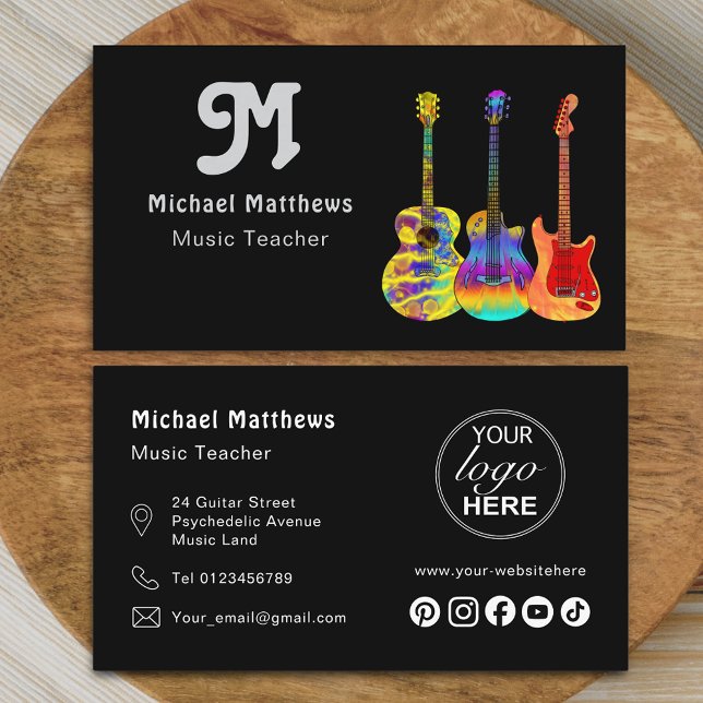 Tarjeta De Visita Logo de la guitarra musical y Personalizado de med (Modern guitar music teacher professional musician logo social media black Business card retro groovy)