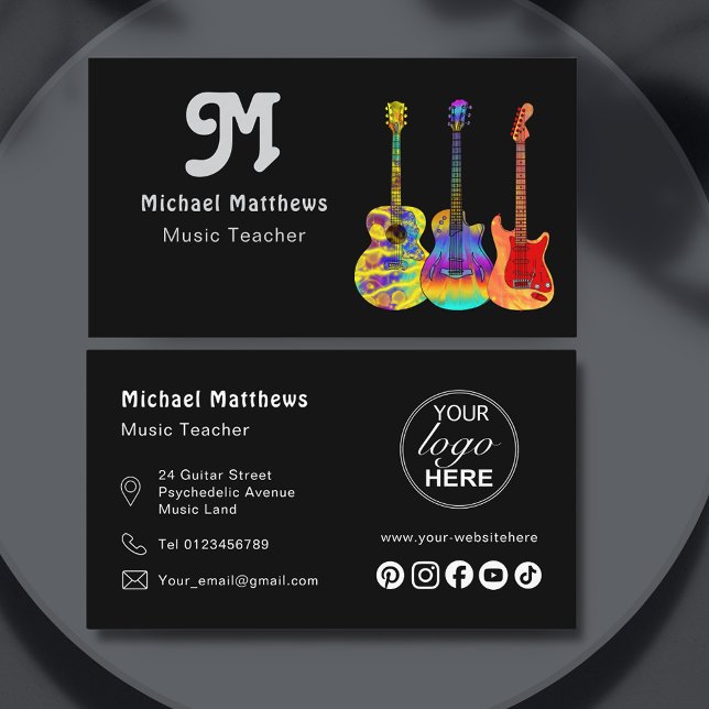 Tarjeta De Visita Logo de la guitarra musical y Personalizado de med (Music guitar teacher custom logo social media business card)