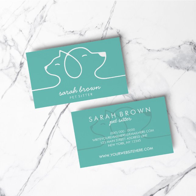 Tarjeta De Visita Logo de la línea del perro del gato Petsitter Gree (Cat Dog Line Logo Petsitter Green Business Card)