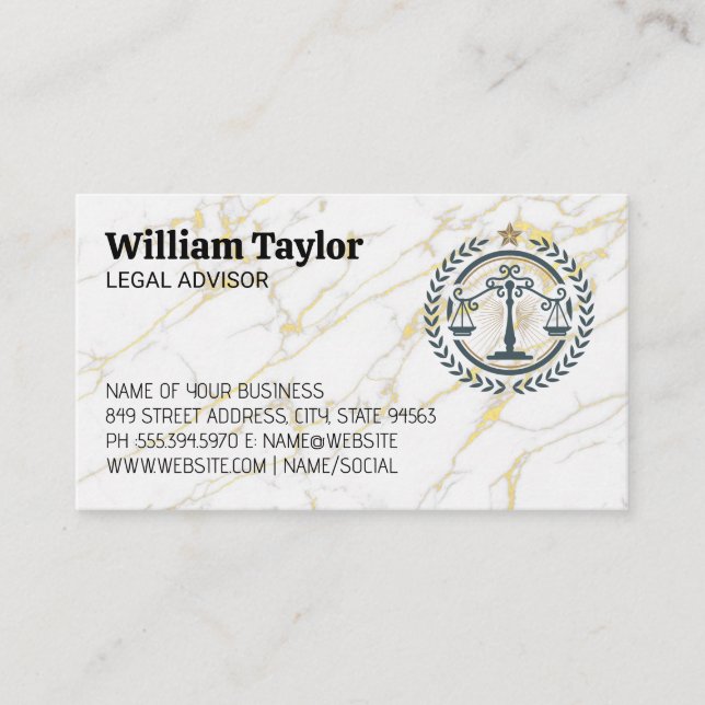 Tarjeta De Visita Logo de Law Justice | Mármol de oro (Anverso)